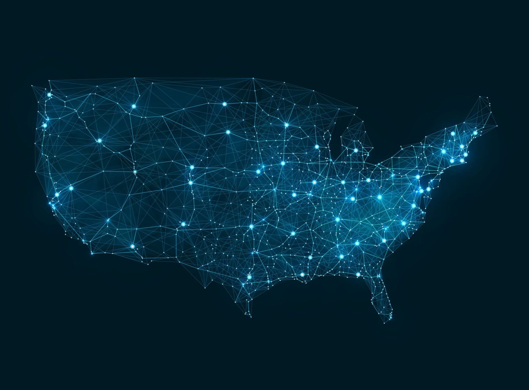 A map of the united states with blue lights in it.