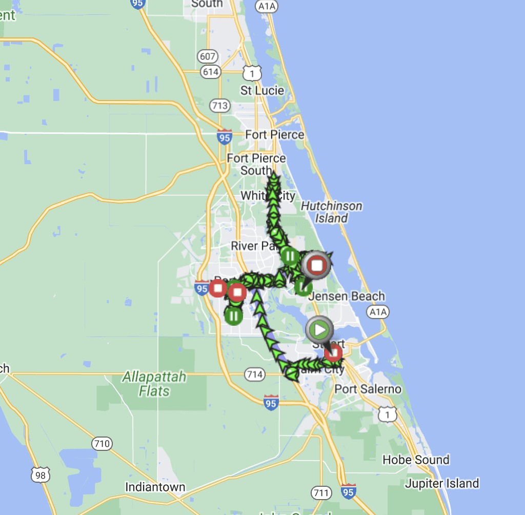 A map of the florida coast with green dots.