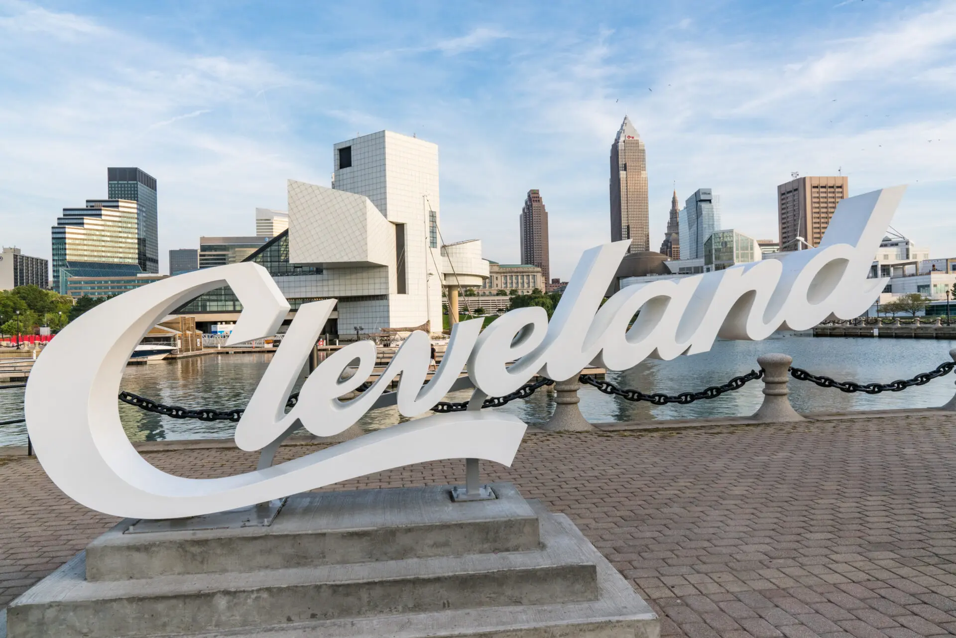 CLEVELAND - SEPTEMBER 16:  Cleveland sign, Rock and Roll Hall of Fame and Cleveland, Ohio skyline from the harbor walkway